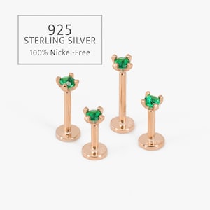 Clou labre à épingles sans filetage or rose 18 g/16 g émeraude • Argent sterling massif 925 • Clou tragus • Dos plat • Hélice • Lambi • Labret
