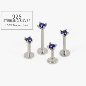 18G/16G zilveren saffier-schroefdraadloze push pins labret-knop • Massief 925 sterlingzilver • Tragus-knop • Platte achterkant • Helix • Conch • Labret-knop