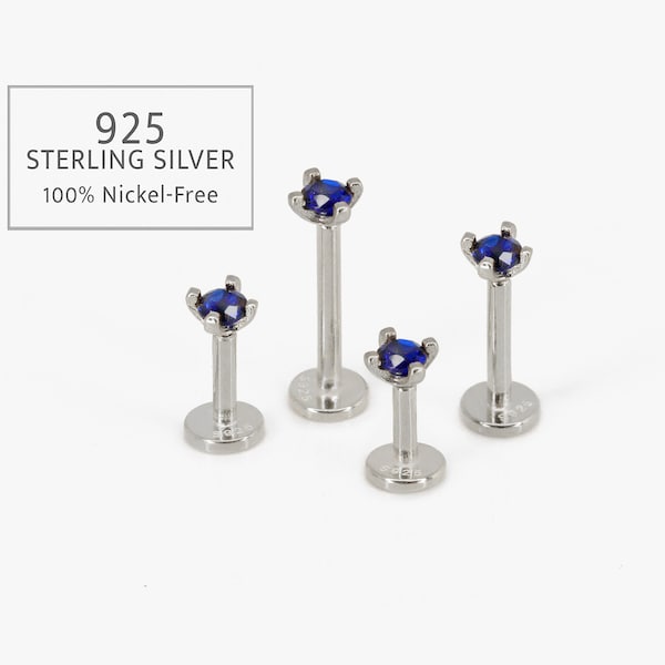 18G/16G Silver Sapphire Threadless Push Pin Labret Stud • Solid 925 Sterling Silver • Tragus Stud • Flat Back • Helix • Conch • Labret Stud