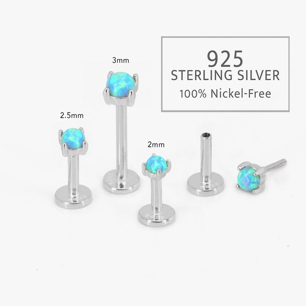 18G/16G Silver Blue Fire Opal Threadless Push Pin Labret Stud • Solid 925 Sterling Silver • Tragus Stud • Flat Back Earring • Helix • Conch