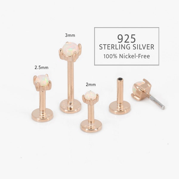 18G/16G Rose Gold White Fire Opal Threadless Push Pin Labret Stud • 925 Sterling Silver • Tragus Stud • Flat Back Earring • Helix • Conch