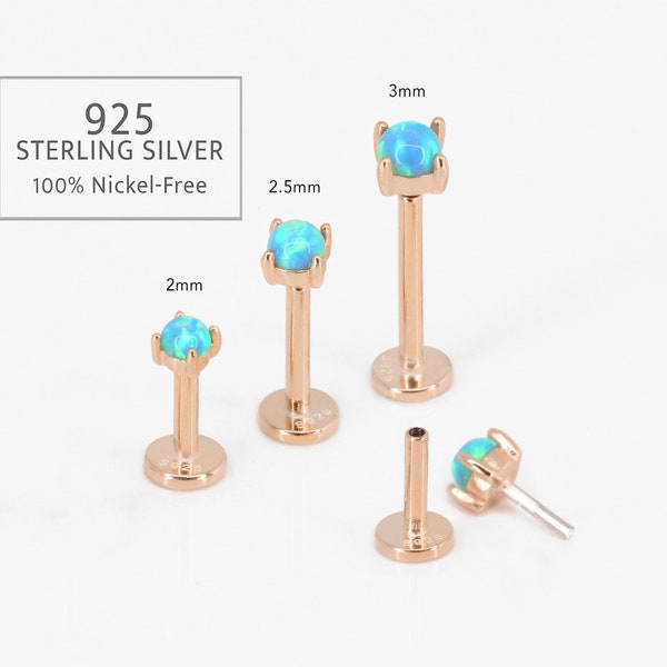 18G/16G Rose Gold Blue Fire Opal Threadless Push Pin Labret Stud • 925 Sterling Silver • Tragus Stud • Flat Back Earring • Helix • Conch