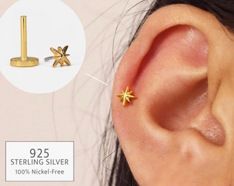 20G/18G Tiny Star Threadless Push Pin Labret Stud • Solid 925 Sterling Silver • Tragus Flat Back Earring • Helix Conch Labret Stud