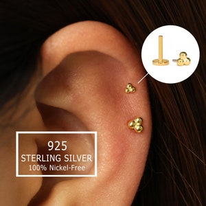 Clou labret sans filetage avec perles 20G/18G • Argent sterling 925 massif • Boucle d'oreille simple tragus à l'arrière • Clou labret conque hélicoïdale
