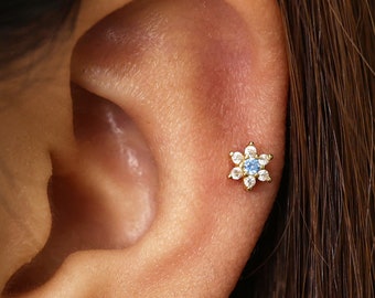 18G/16G Aquamarine Flower Labret Cartilage • Tragus stud • conch earring • tragus • helix • cartilage piercing • minimalist • FLAT BACK