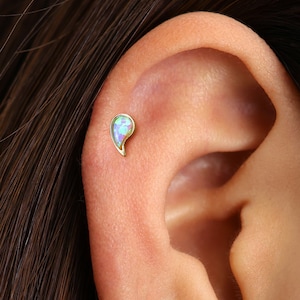 Tiny Blue Opal Teardrop Internally Threaded Labret • 18G/16G Flat Back Earring • Tragus Stud • Helix Stud • Cartilage Stud • Nose Stud
