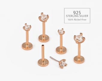 16G Rose Gold fadenlose Push-Pin Labret Ohrstecker • 925 Sterling Silber • 1.5mm bis 3mm Bolzen • Tragus Bolzen • Knorpelbolzen mit flachem Rücken • Helix