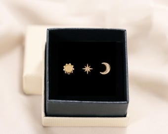 Dainty Celestial Stud Earring Set: 18K Gold Sterling Silver Cartilage Helix (Set of 3)