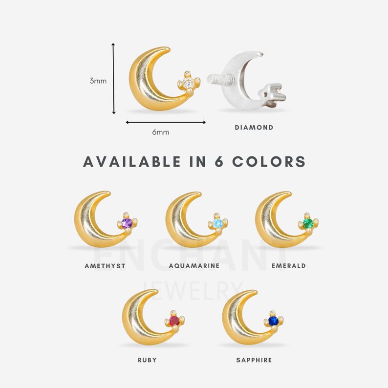May include: Gold crescent moon earrings with a small gemstone in the center. Available in six colors: amethyst, aquamarine, emerald, ruby, sapphire, and diamond.