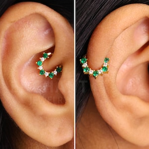 NEW • Emerald x Diamond Seamless Gold Daith Clicker Cartilage Gold Hoop Earrings • septum hoop • helix hoops • gold cartilage hoop