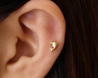 18G Baby Dolphin Gold Labret Cartilage Studs • Tragus Stud • Conch