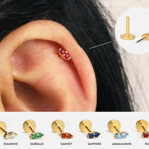 20G/18G Tiny Ruby Threadless Push Pin Labret Stud • Solid 925 Sterling Silver • Tragus Flat Back Earring • Helix Conch Labret Stud
