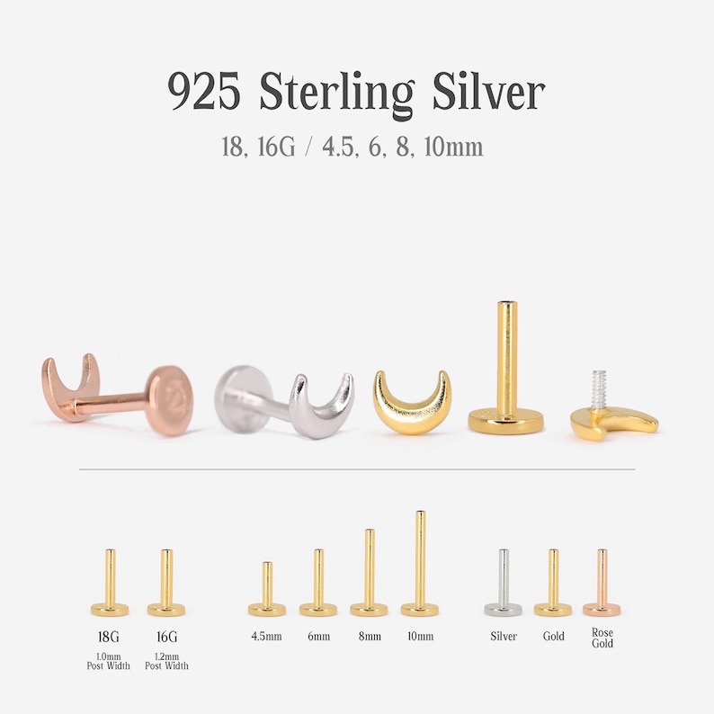 May include: A set of 925 sterling silver crescent moon nose rings in silver, gold, and rose gold. The rings are available in 18 gauge, 16 gauge, and in sizes 4.5mm, 6mm, 8mm, and 10mm.