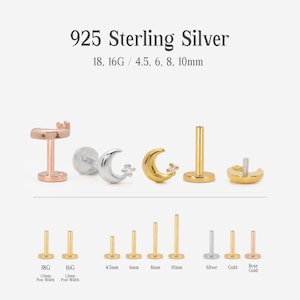 May include: A set of 925 sterling silver body jewelry with a crescent moon and star design. The jewelry is available in silver, gold, and rose gold finishes. The jewelry is available in 18 gauge and 16 gauge. The jewelry is available in 4.5mm, 6mm, 8mm, and 10mm sizes.