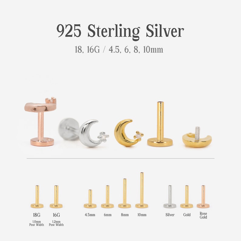 May include: A set of 925 sterling silver body jewelry with a crescent moon and star design. The jewelry is available in silver, gold, and rose gold finishes. The jewelry is available in 18 gauge and 16 gauge. The jewelry is available in 4.5mm, 6mm, 8mm, and 10mm sizes.