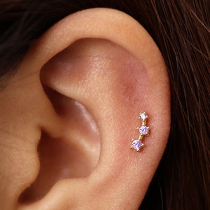 18G/16G Amethyst Triple Stone Climber Internally Threaded Labret • Flat Back Earring • Tragus Stud • Helix Stud • Cartilage Stud