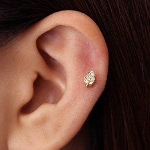 Boucle d'oreille petite feuille en or 18 g/16 g • clou de tragus feuille • boucle d'oreille conque • tragus • hélice • piercing du cartilage • minimaliste • DOS PLAT