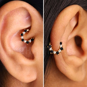 NEW • Black Onyx x Diamond Seamless Gold Daith Clicker Cartilage Gold Hoop Earrings • septum hoop • helix hoops • gold cartilage hoop