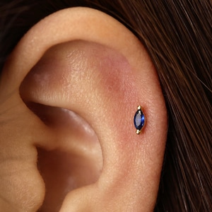 18G/16G Tiny Sapphire Marquise Internally Threaded Flatback Labret • tragus stud • conch earring • tragus • helix • cartilage piercing