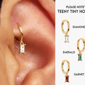 18G Tiny Diamond Baguette Cartilage Hoop Earring • tiny gold cartilage hoop • baguette stones • silver hoop • dainty cartilage earrings