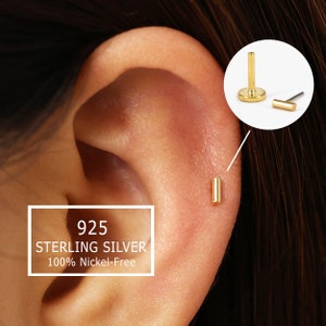 Minuscule barreau 20 g/18 g sans filetage avec épingle à poussoir • Argent sterling massif 925 • Boucle d'oreille tragus à l'arrière • Clou d'oreille labret conque hélicoïdale