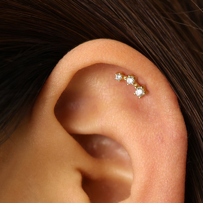 18G/16G Diamond Triple Stone Climber Internally Threaded Labret Flat Back Earring Tragus Stud Helix Stud Cartilage Stud image 5
