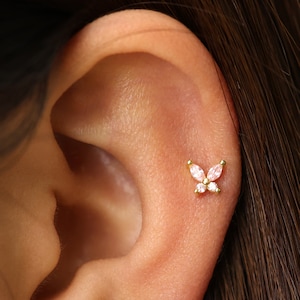 18G/16G Pink Butterfly Internally Threaded Labret • Flat Back Earring • Tragus Stud • Flat Back • Helix Stud • Cartilage Stud • Nose Stud