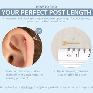 Pode incluir: Diagrama que ilustra como medir o comprimento da haste do brinco. A imagem mostra uma orelha com um brinco de pino, uma r&eacute;gua e instru&ccedil;&otilde;es de texto. O texto diz: "HOW TO FIND YOUR PERFECT POST LENGTH".