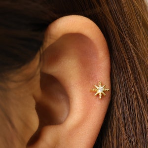 Cartilage de labret étoilé en or 18 g/16 g • clou de tragus en étoile • boucle d'oreille conque • tragus • hélice • piercing du cartilage • minimaliste • DOS PLAT
