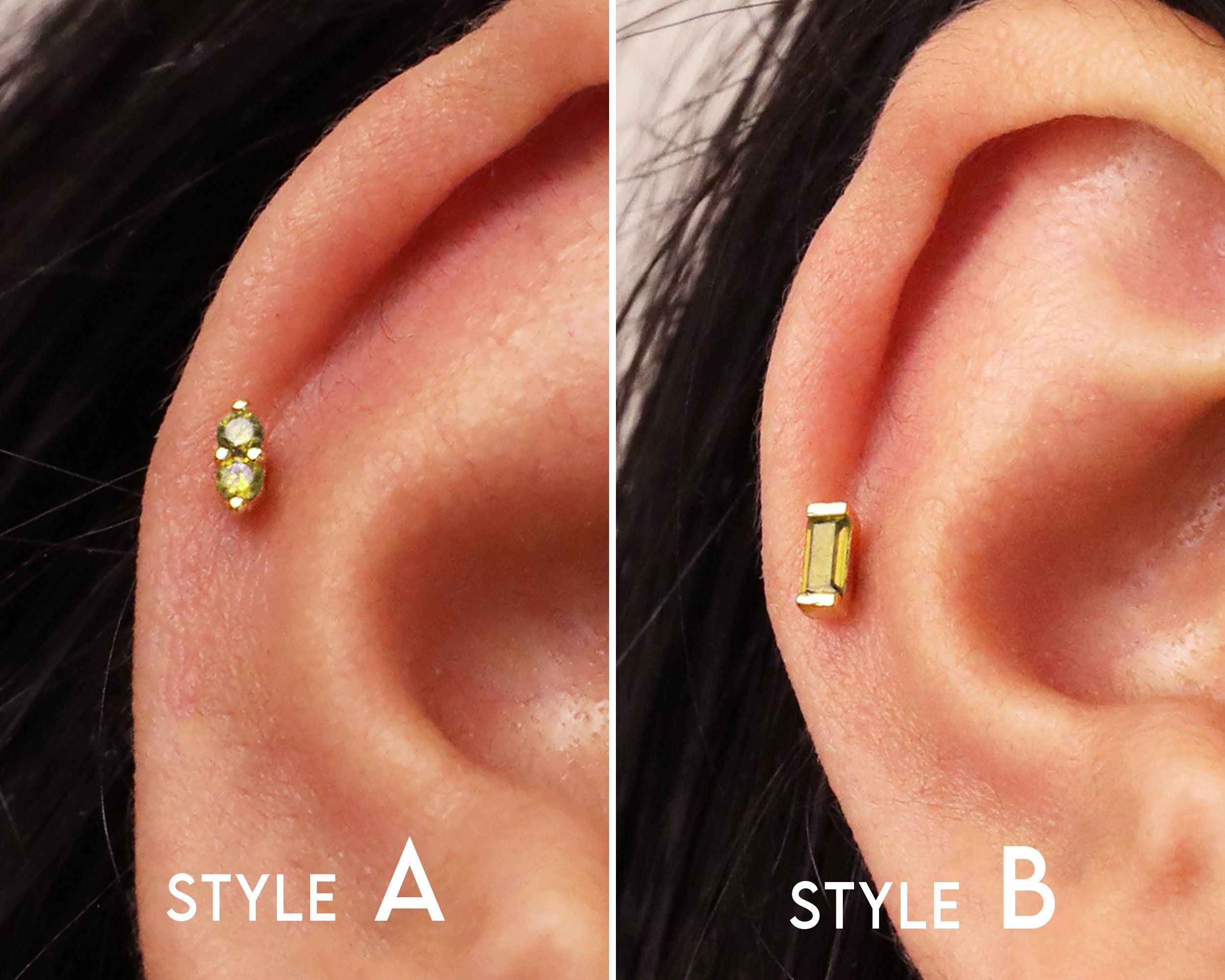 18G/16G Peridot Dainty Labret Cartilage Studs • Tragus Stud • Conch ...