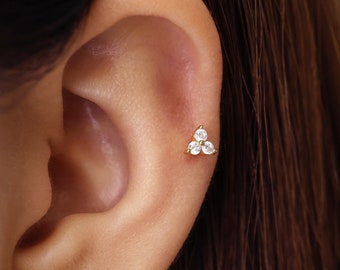18G Gold Three Petal Flower Cartilage Earring • tragus stud • conch earring • tragus • helix • cartilage piercing • minimalist • FLAT BACK