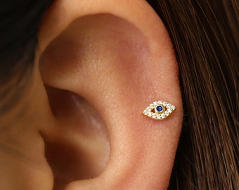 18G/16G Gold Evil Eye Labret Cartilage • tragus stud • conch earring •  tragus • helix • cartilage piercing • minimalist • FLAT BACK