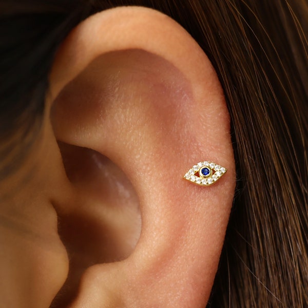 18G/16G Gold Evil Eye Labret Cartilage • tragus stud • conch earring • tragus • helix • cartilage piercing • minimalist • FLAT BACK