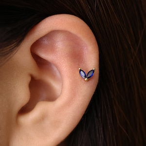 18G Sapphire Twin Marquise Labret Cartilage Stud Earring • tragus stud • conch earring • helix • cartilage piercing • minimalist • FLAT BACK