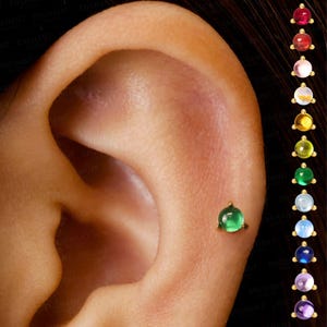 Puce labret sans filetage pour pierre de naissance 20G/18G/16G • Argent sterling massif 925 • Stud tragus • Hélice • Conque • Punaise pour pierre de naissance