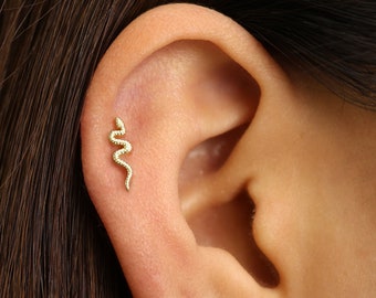 18G/16G Gold Serpent Cartilage Earring • snake tragus • conch earring •  tragus • helix • cartilage piercing • minimalist • FLAT BACK