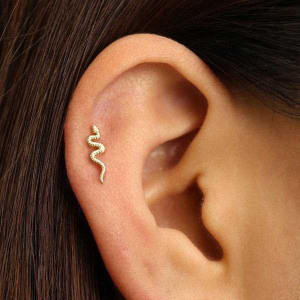 18G/16G Gold Serpent Cartilage Earring • snake tragus • conch earring • tragus • helix • cartilage piercing • minimalist • FLAT BACK