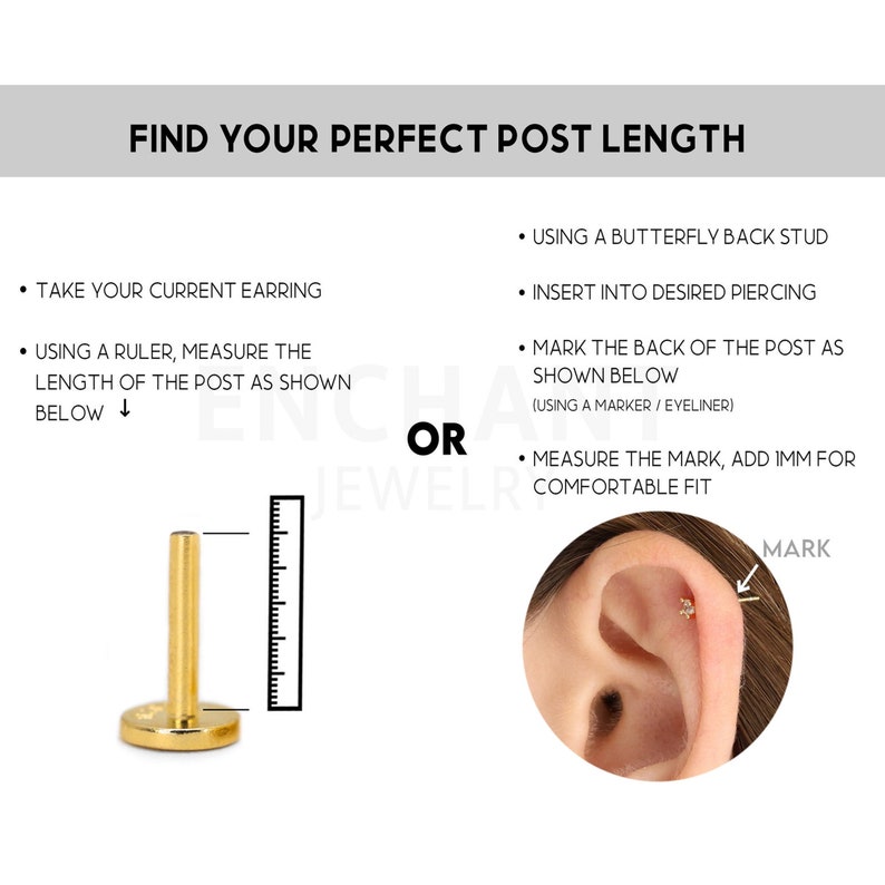 Puede incluir: Diagrama que muestra c&oacute;mo medir la longitud de un poste de arete usando una regla. El diagrama muestra un arete de mariposa de oro y una regla. El texto dice "FIND YOUR PERFECT POST LENGTH" e incluye instrucciones sobre c&oacute;mo medir la longitud del poste usando una regla o marcando la parte posterior del poste con un marcador o delineador de ojos.