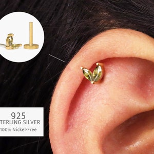 20G/18G Peridot Marquise Flower Threadless Push Pin Labret Stud • Solid 925 Sterling Silver • Tragus Flat Back • Helix Conch Stud