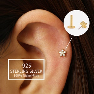 Clou labret sans fil petite fleur 20 g/18 g • Argent sterling 925 massif • Boucle d'oreille tragus à l'arrière • Clou labret conque hélicoïdale