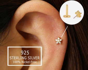 20G/18G Tiny Flower Threadless Push Pin Labret Stud • Solid 925 Sterling Silver • Tragus Flat Back Earring • Helix Conch Labret Stud