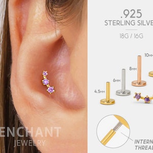 Labret à filetage intérieur triple pierre grimpeur alexandrite 18G/16G • Boucle d'oreille à dos plat • Clou tragus • Clou hélicoïdal • Clou pour cartilage