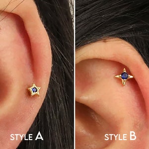 18 g / 16 g saphir étoile Dainty labret clous de cartilage • clou tragus • boucle d'oreille conque • hélice • piercing du cartilage • minimaliste • DOS PLAT