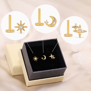 Celestial Charm Flat Back Earring Set set of 3 cartilage earrings helix stud gift for her image 3