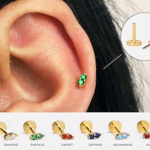 Clou labret sans filetage fine émeraude 20 g/18 g • Argent sterling 925 massif • Boucle d'oreille tragus à l'arrière • Clou labret conque hélicoïdale