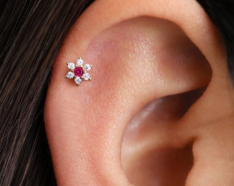 18G/16G Ruby Flower Labret Cartilage • Tragus stud • conch earring • tragus • helix • cartilage piercing • minimalist • FLAT BACK