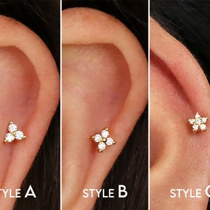 Boucles d'oreilles de cartilage labret fleur Dainty 18G/16G • clou de tragus • boucle d'oreille conque • hélice • piercing du cartilage • minimaliste • DOS PLAT