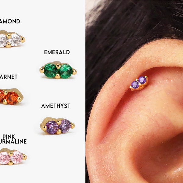 20G Double Gemstone Labret Cartilage Stud Earring • tragus • conch earring • helix • gemstone cartilage piercing • minimalist • FLAT BACK