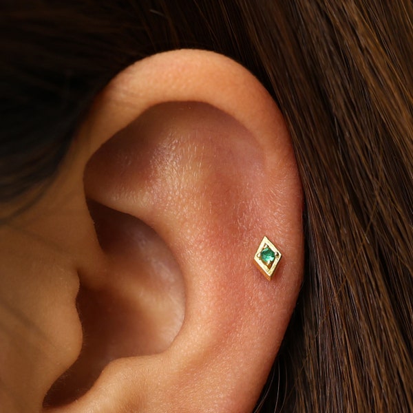 18G/16G Tiny CZ Emerald Internally Threaded Labret • Flat Back Earring • Tragus Stud • Helix Stud • Cartilage Stud