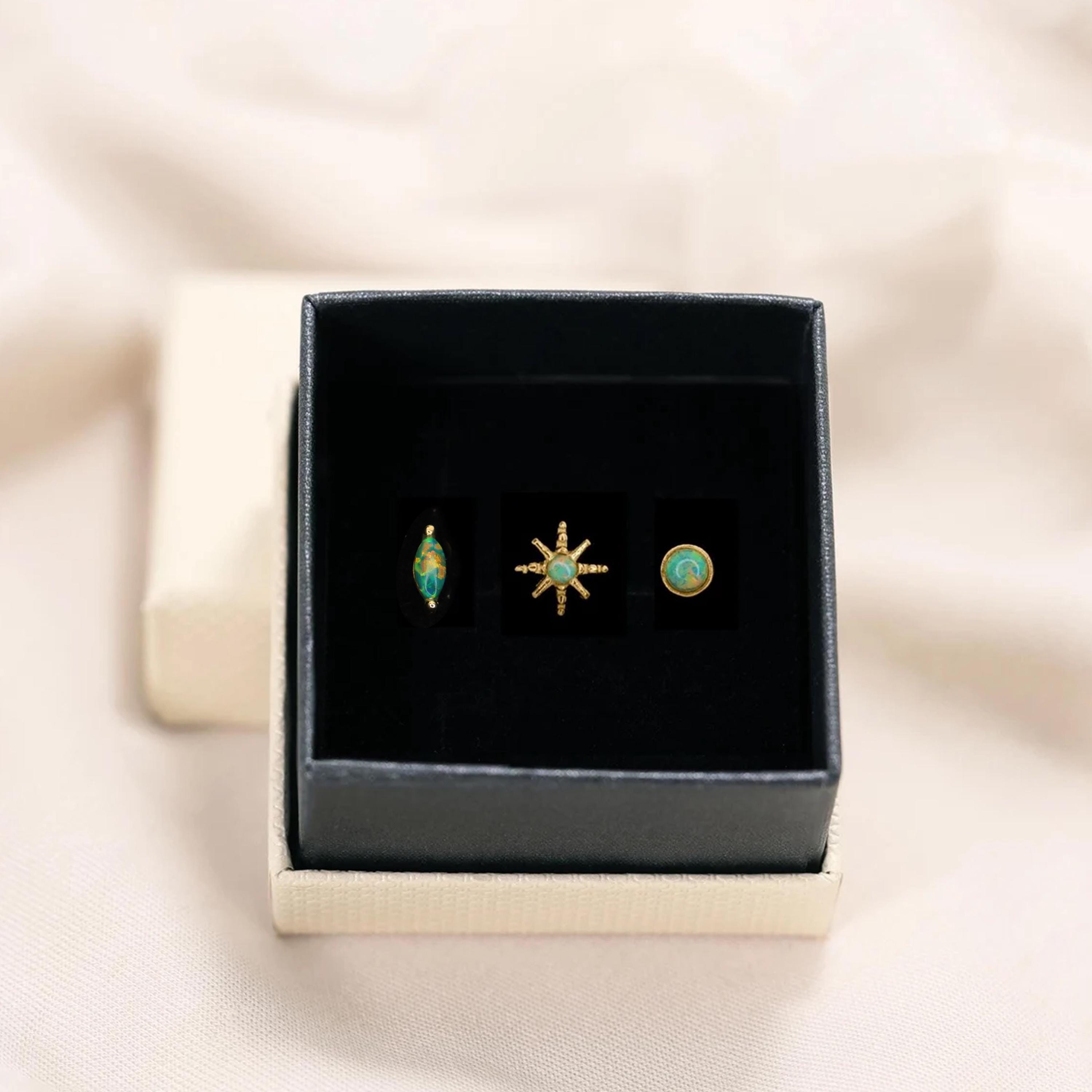 Green Opal Sterling Silver Earring Set: Cartilage Helix Studs (Set of 3)